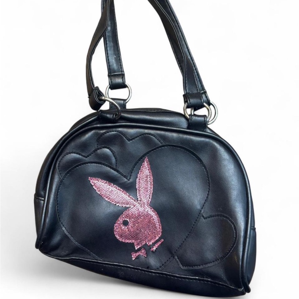PLAYBOY Black Bowler Bag with Pink Logo Accent